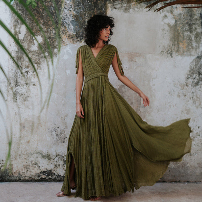 Spring Women Rope Strapless Sexy Halter Loose Vacation Beach Dress Women One Size Army Green
