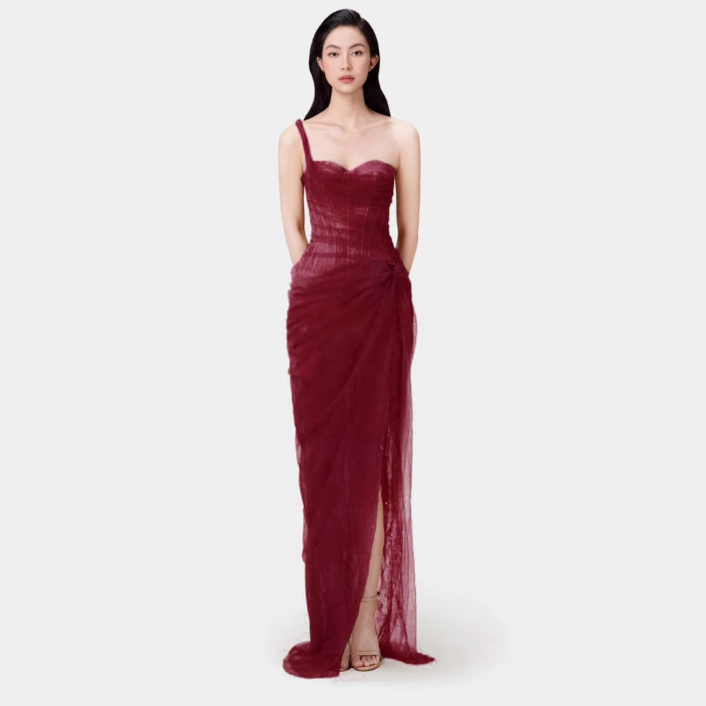 Summer Pure Sexy Lace Solid Color One Shoulder Dress Burgundy