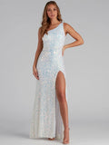 Sequined Sleeveless Slit Shoulder Belt Tight Party Dress White