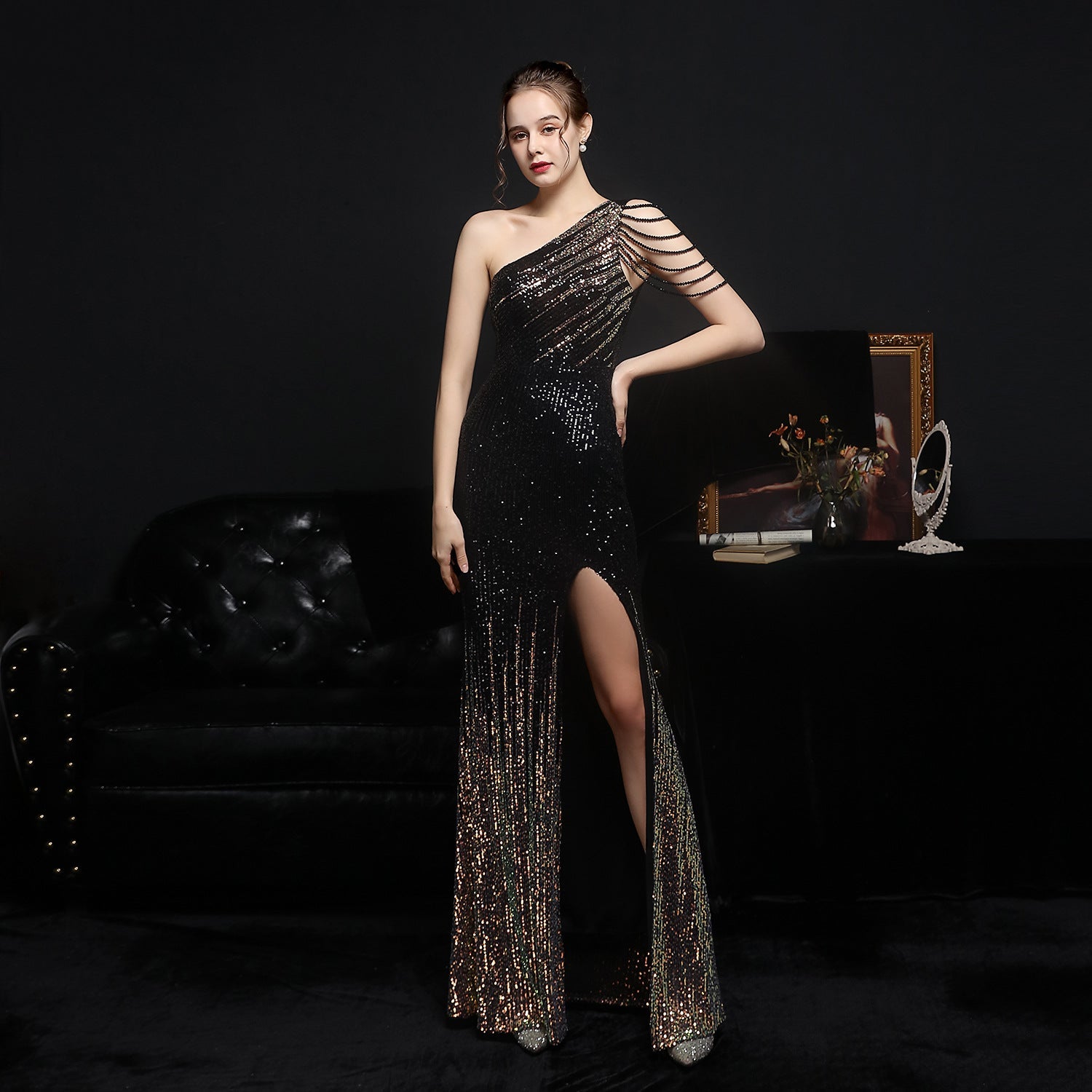 Craft Colorful Sequin Socialite Gathering Party Evening Dress Sexy Long Slimming Toast Dress Bride Formal Gown Black