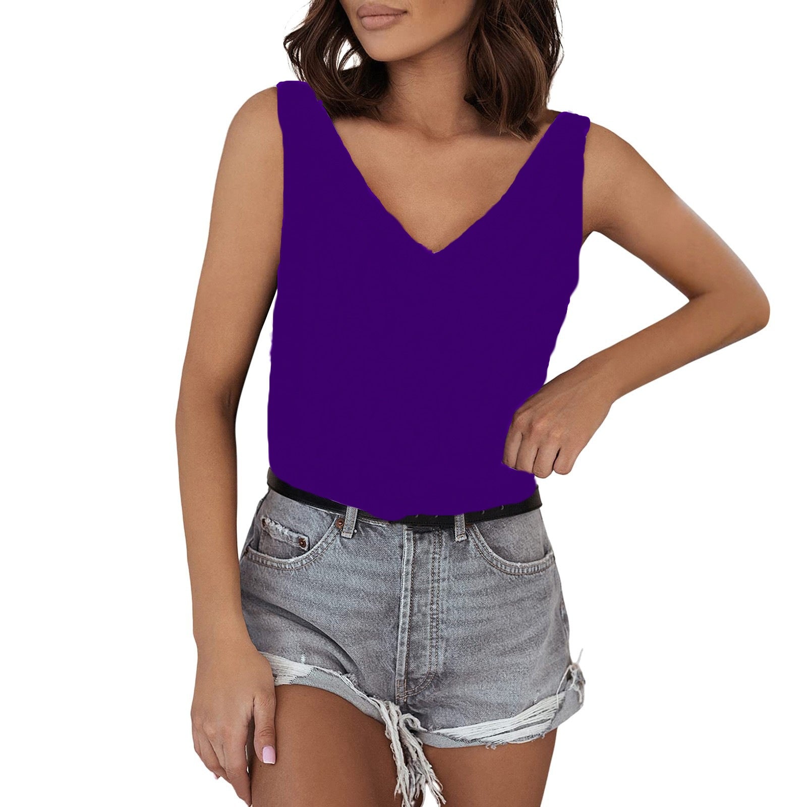 Solid Color Satin Vest V neck Casual Camisole Sleeveless Shirt Summer Basic Purple