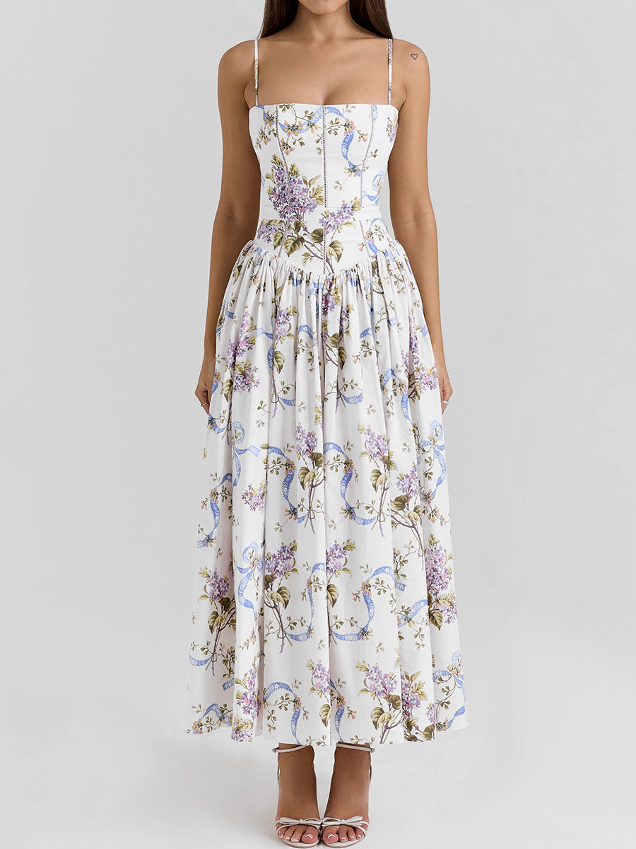 Sexy Printing Slip Dress Summer Slim Fit Backless Maxi Dress Elegant High Sense Summer Beautiful Dress White Background with Blue Print