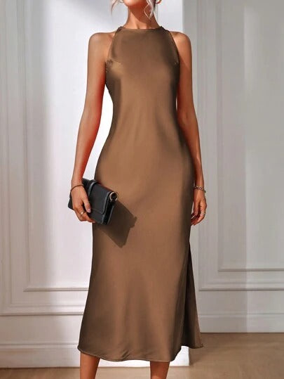 Satin Dress Women Clothing Spring Summer Sleeveless Split Satin Imitation Silk Maxi Dress Brown