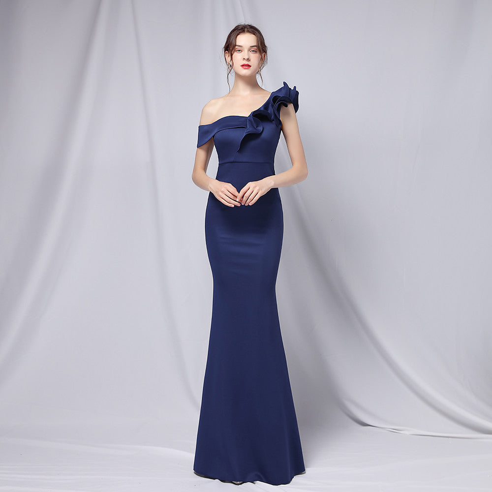off-Shoulder Banquet Evening Dress Maxi Party Long Elegant Slim Sexy Fishtail Dress Formal Gown purplish blue
