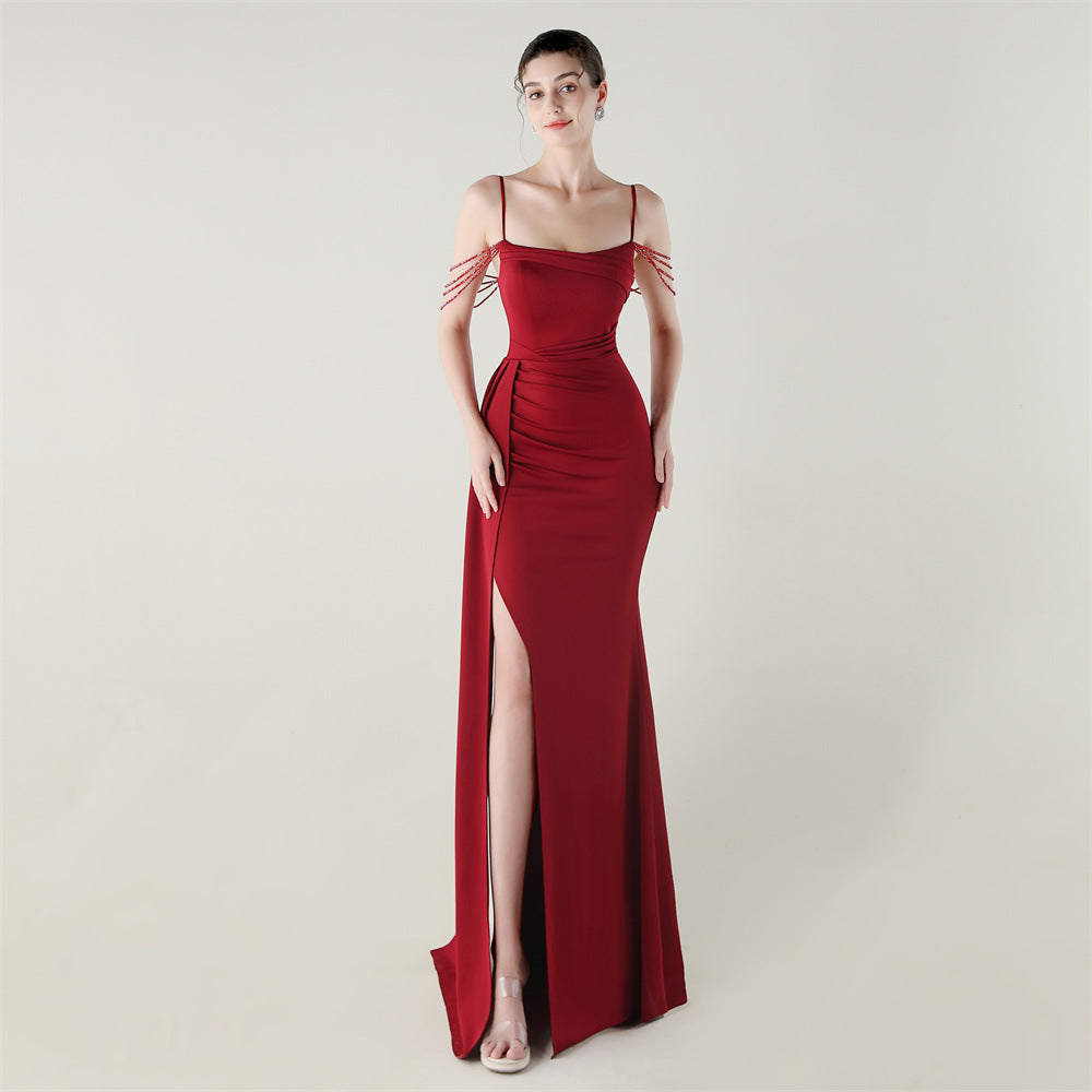 Bandeau Sling Satin Craft Beaded Chain Fishtail Evening Dress Dinner Wedding Ball Burgundy