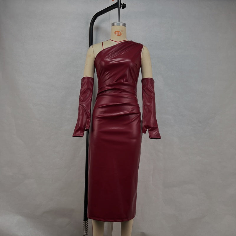 Crossbody Leather Dress Women Clothing Tight Wrapped Chest Pleated Sexy Sheath Split Dress Burgundy
