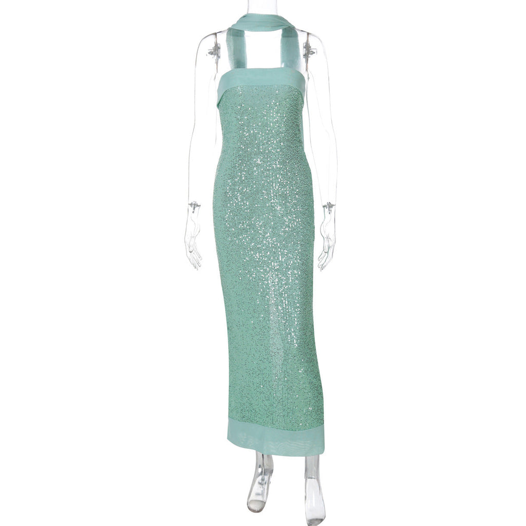 Sexy Tube Top Solid Color Slim Long Socialite Close-Fitting Sequ Dress Women Mint