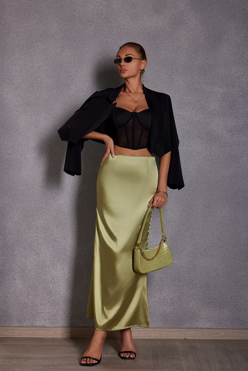 Spring Summer Artificial Silk Skirt Satin Skirt Women Casual Satin Hip Skirt Olive