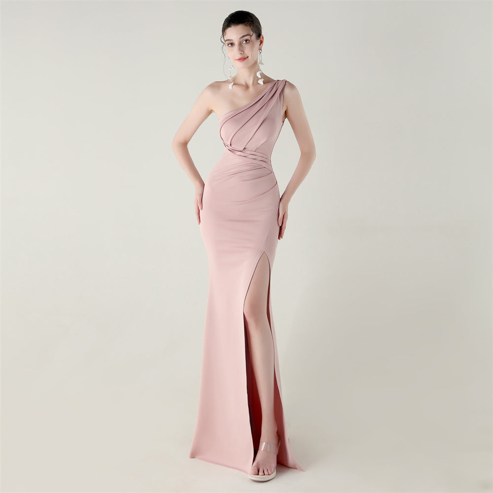 One Shoulder Slim Fit Satin Folding High Slit Sexy Evening Dress Fishtail Dress Dinner Wedding Social Networking Pink