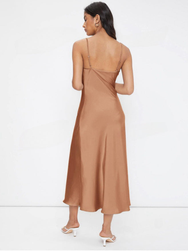 Women Clothing Spring Summer Satin Sling Deep V Plunge neck Slim Solid Color Dress Khaki