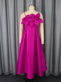 Sexy Sling Three Dimensional Floral Dress Cocktail High Waist A line Large Hem Dresses Coral Red