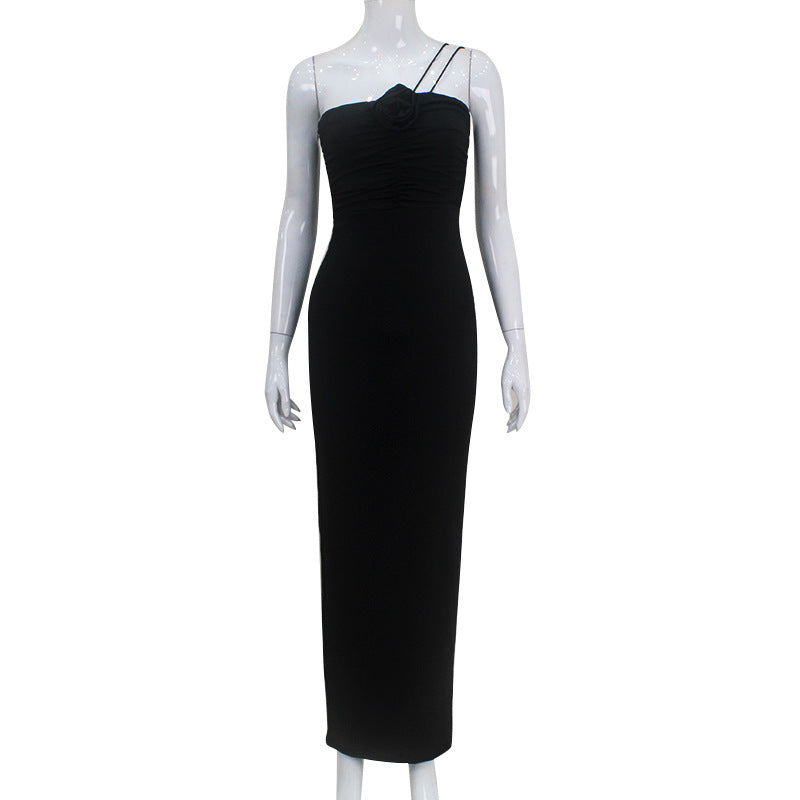 Women Clothing French Sexy Three Dimensional Floral Pleating Elegant Pure Hip Spaghetti Straps Dress Black