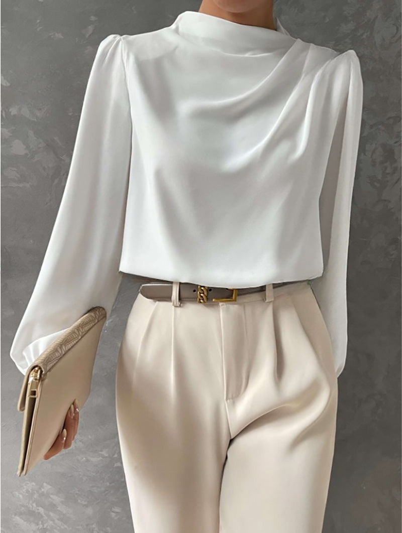 Solid Color Pleated Women Shirt Elegant Pullover Satin Top Office Long Sleeve Top White
