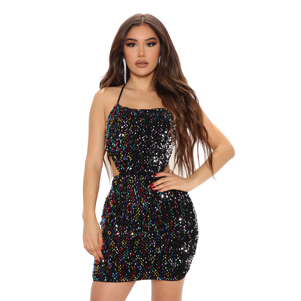 Women Autumn Winter Sling Backless Lace up Sequined Skinny Sheath Evening Dress Sexy Dress Multi