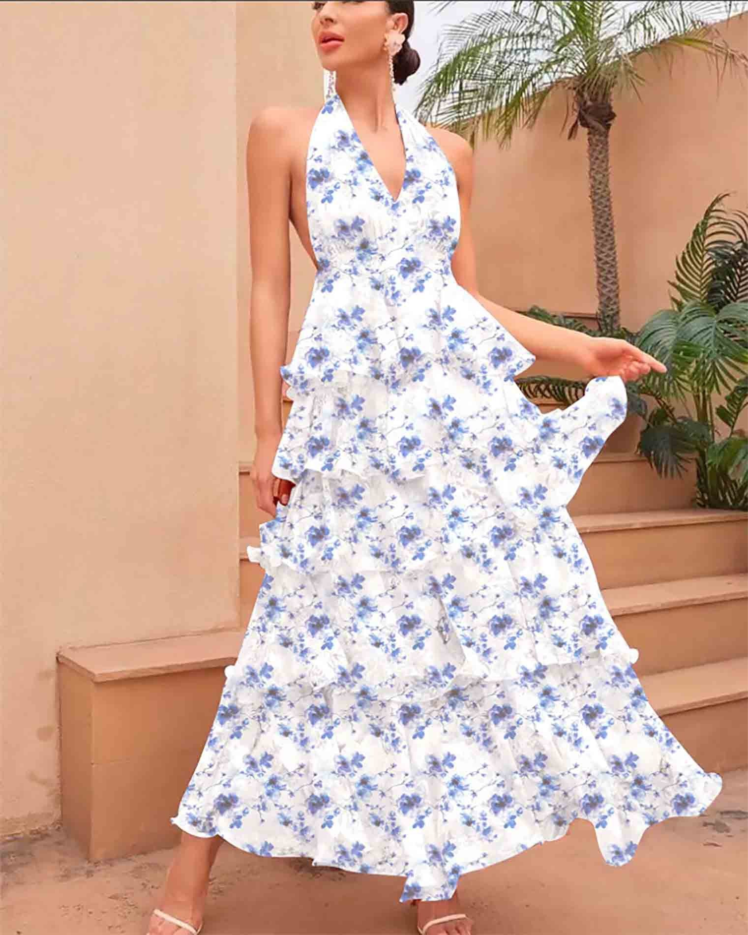 Spring Women Clothing Dress Sexy V neck Sling Multi Layer Printing Dress White