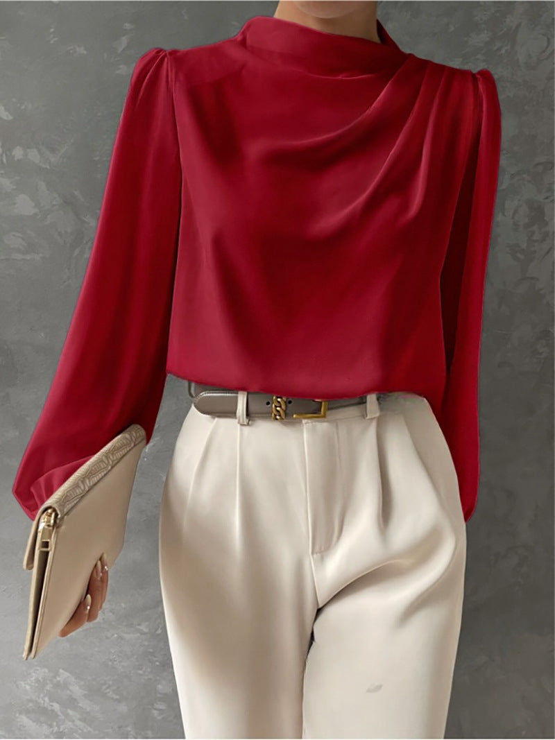 Solid Color Pleated Women Shirt Elegant Pullover Satin Top Office Long Sleeve Top Red