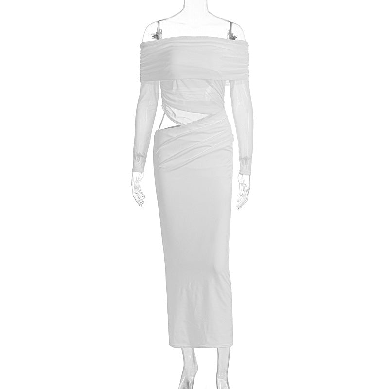 Summer Women Maxi Dress Sexy Mesh Stitching Slim Fit Tube Top Long Sleeve Dress White