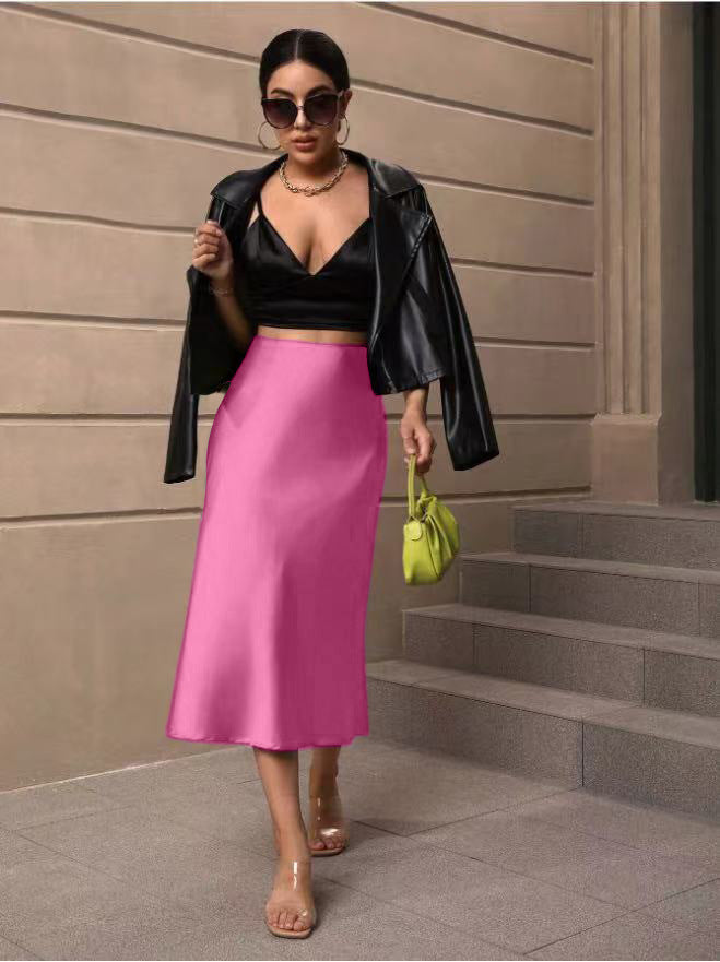 Hip Wrapped Fishtail Skirt Satin Mid Length Skirt Autumn Women Clothing Direct Pink