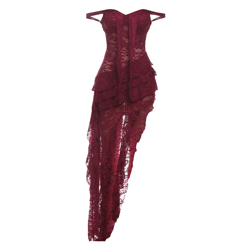 Women Clothing Summer Lace Sexy Slim Fit Tied Hollow Out Cutout out See through Irregular Asymmetric Tube Top Dress Burgundy