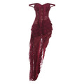 Women Clothing Summer Lace Sexy Slim Fit Tied Hollow Out Cutout out See through Irregular Asymmetric Tube Top Dress Burgundy