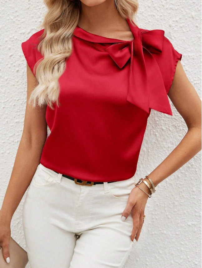 Half Open Collar Bow Satin Top Special Interest Design Satin Women Clothing T shirt Burgundy