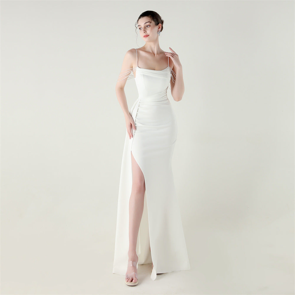 Bandeau Sling Satin Craft Beaded Chain Fishtail Evening Dress Dinner Wedding Ball White