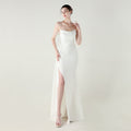 Bandeau Sling Satin Craft Beaded Chain Fishtail Evening Dress Dinner Wedding Ball White