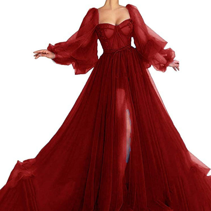 Summer Women Clothing Graceful Fashionable Dress Mesh Split Expansion Dress Wedding Evening Dress Red