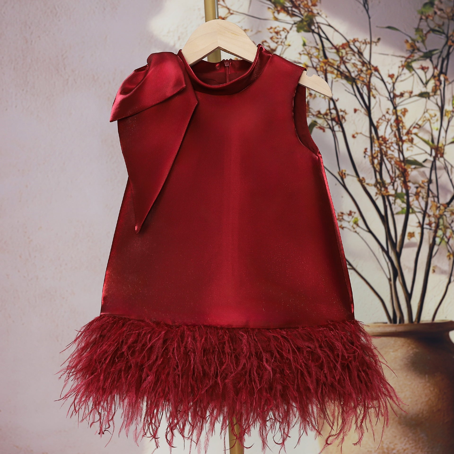 Summer New Patchwork Mesh Girls' Dress Dark Red