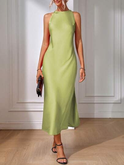 Satin Dress Women Clothing Spring Summer Sleeveless Split Satin Imitation Silk Maxi Dress Lemon Green