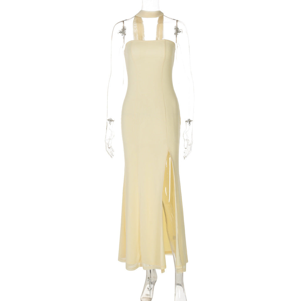 Women Clothing Summer Tube Top Slit Slim Fitting Solid Color Dress Yellow