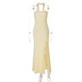 Women Clothing Summer Tube Top Slit Slim Fitting Solid Color Dress Yellow