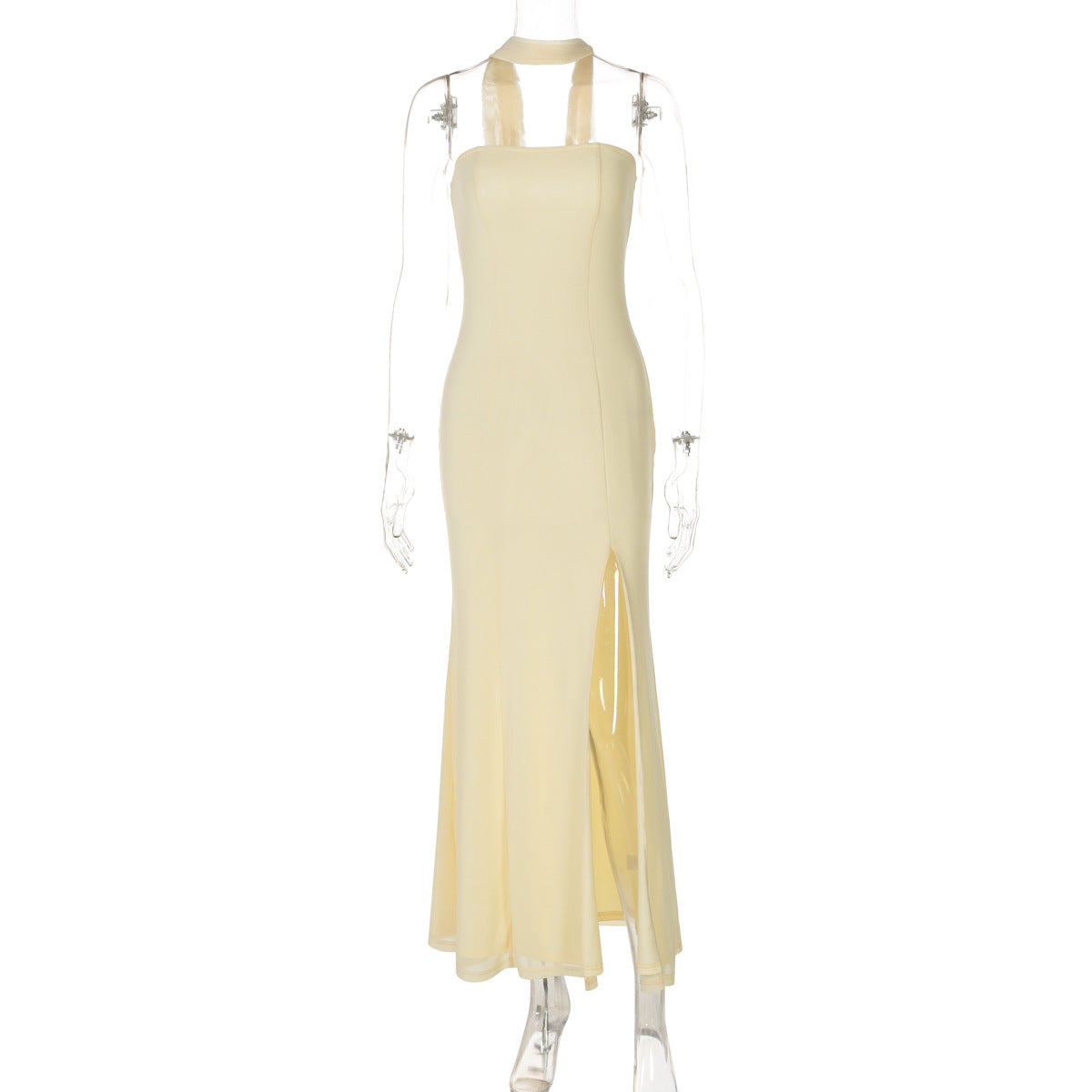 Women Clothing Summer Tube Top Slit Slim Fitting Solid Color Dress Yellow