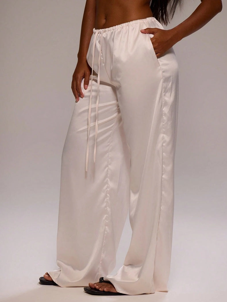 Women Clothing Trendy Autumn Satin Satin Casual Pants Loose Wide Leg Drawstring Long Pants Ivory