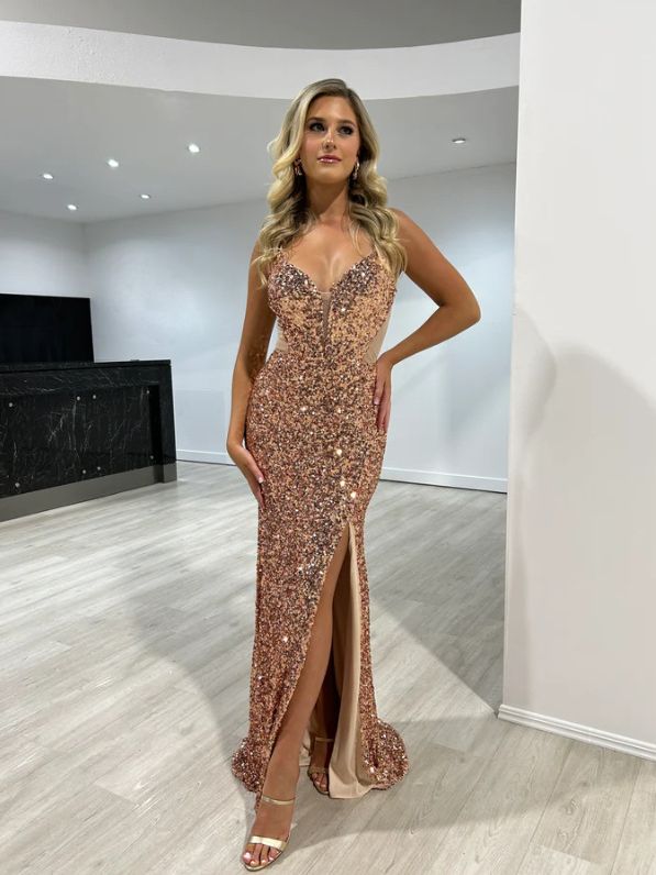Sequined Split Sexy Sling Dress Waist Controlled Cocktail Dress Slim Fit Maxi Dress Gold