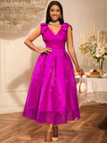 Sexy V neck Bow Sleeveless Dress High Waist Slim Fit Elegant Party Evening Dress Coral Red