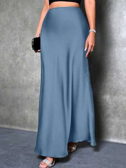 Satin Skirt Autumn Winter Simple A line Long Skirt Women Clothing Pale blue