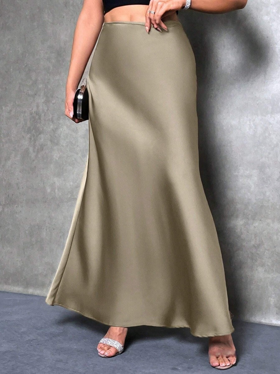 Satin Skirt Autumn Winter Simple A line Long Skirt Women Clothing Khaki