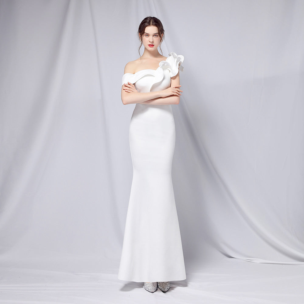 off-Shoulder Banquet Evening Dress Maxi Party Long Elegant Slim Sexy Fishtail Dress Formal Gown White