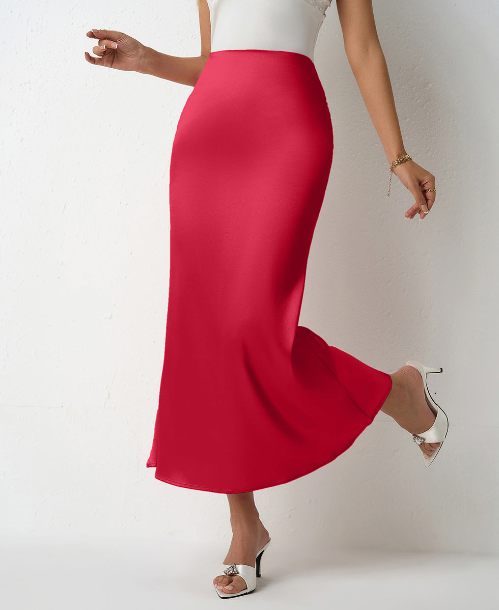 Women Clothing Spring Summer Slim Satin Skirt Satin Mid Length Sheath Fishtail Skirt Red