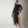 Sexy Socialite Dress Autumn Winter round Neck Bare Back Design Mid Length Dress Black
