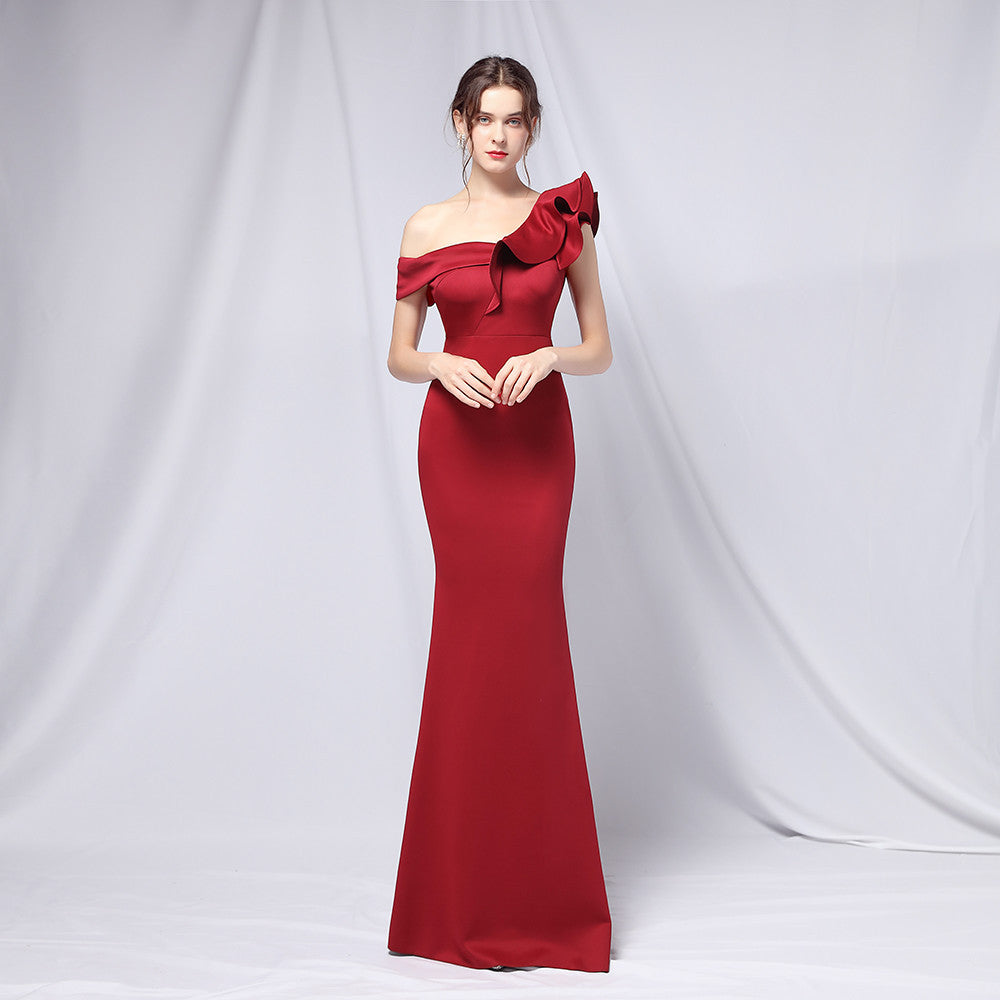 off-Shoulder Banquet Evening Dress Maxi Party Long Elegant Slim Sexy Fishtail Dress Formal Gown Jujube Red