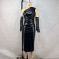 Crossbody Leather Dress Women Clothing Tight Wrapped Chest Pleated Sexy Sheath Split Dress Black
