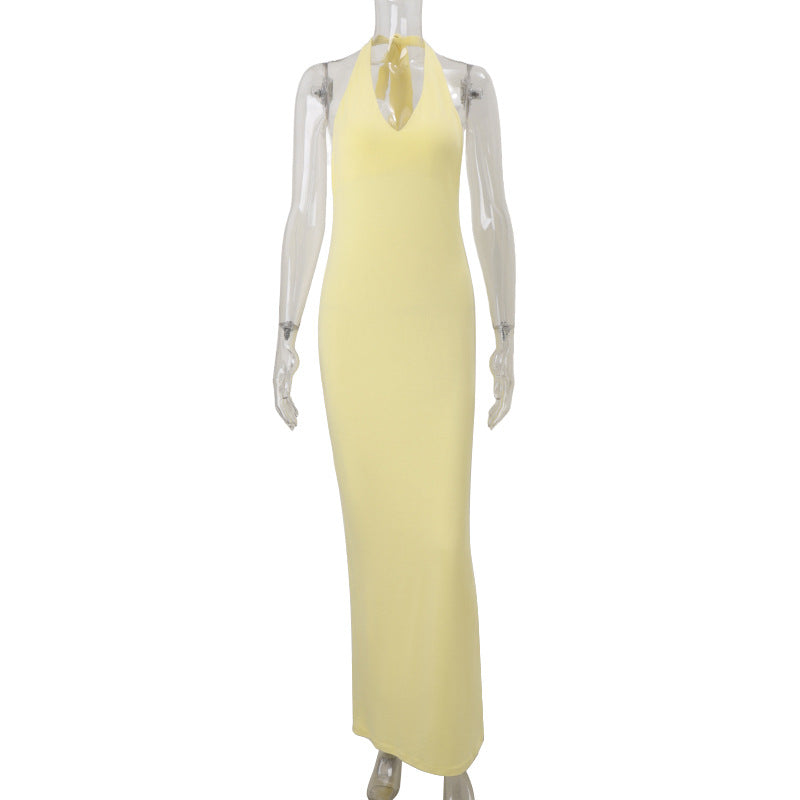 Women Clothing Summer Sexy V neck Halter Backless High Waist Slim Solid Color Dress Yellow