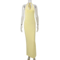 Women Clothing Summer Sexy V neck Halter Backless High Waist Slim Solid Color Dress Yellow
