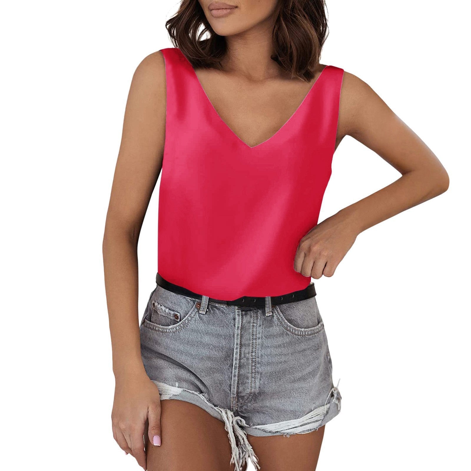 Solid Color Satin Vest V neck Casual Camisole Sleeveless Shirt Summer Basic Peach