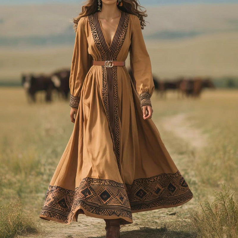 Autumn Women Long Sleeve Printed V neck Maxi Dress Khaki