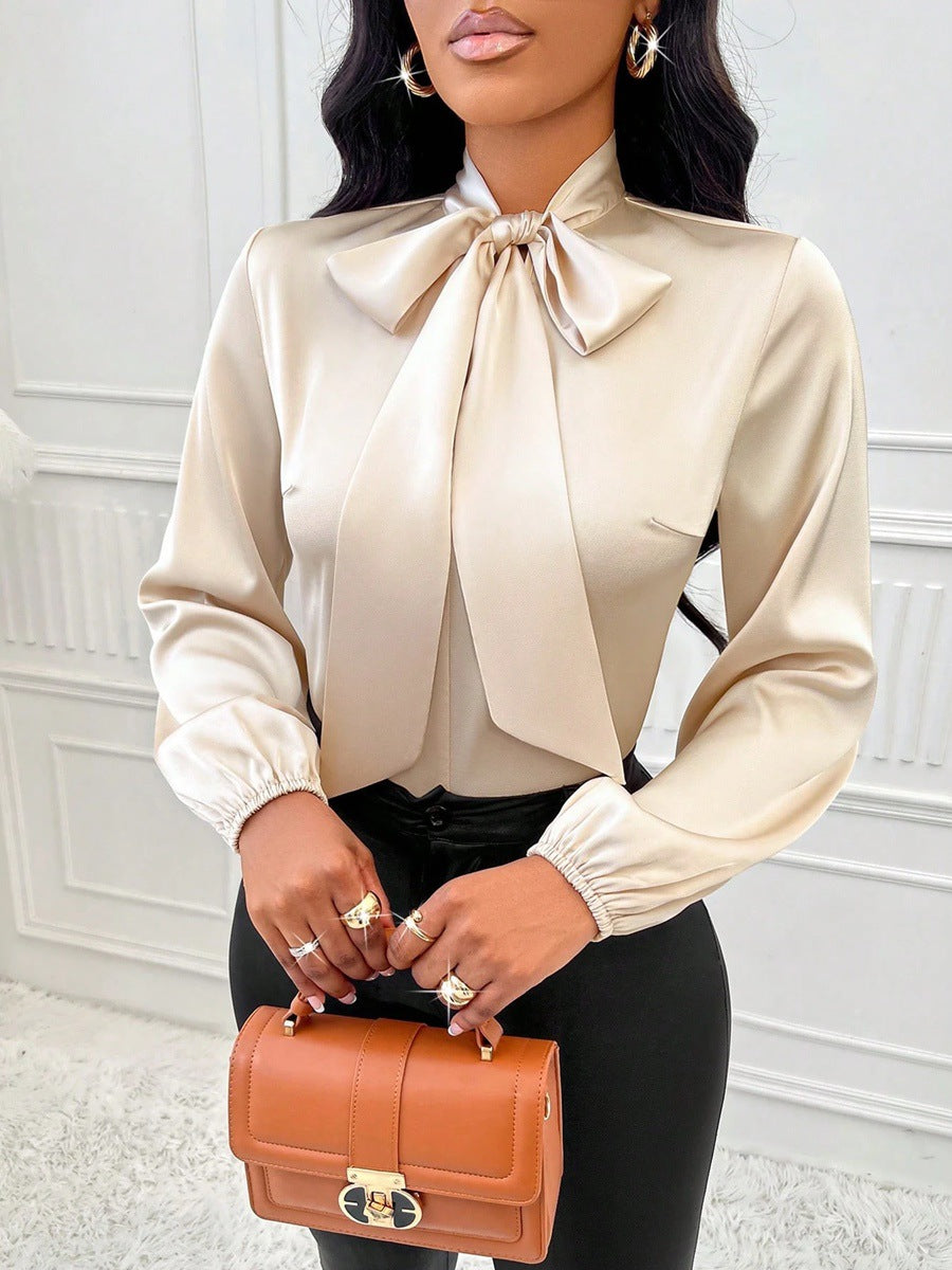 Women Clothing Autumn Satin Shirt Bow Long Sleeve Top Apricot