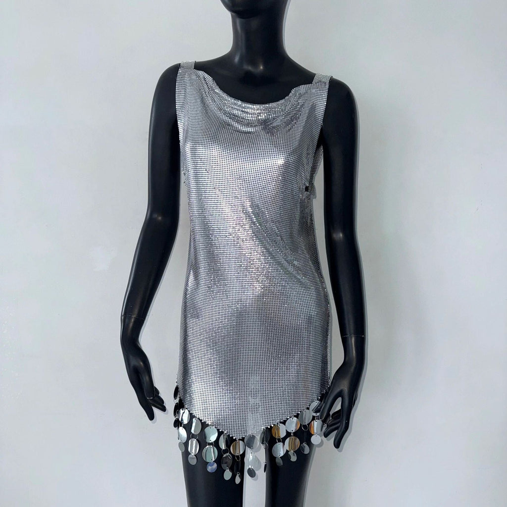 Sexy Sequined Nightclub Stage Costume Metal Stitching Vest Dress Music Festival Sexy Dress Silver