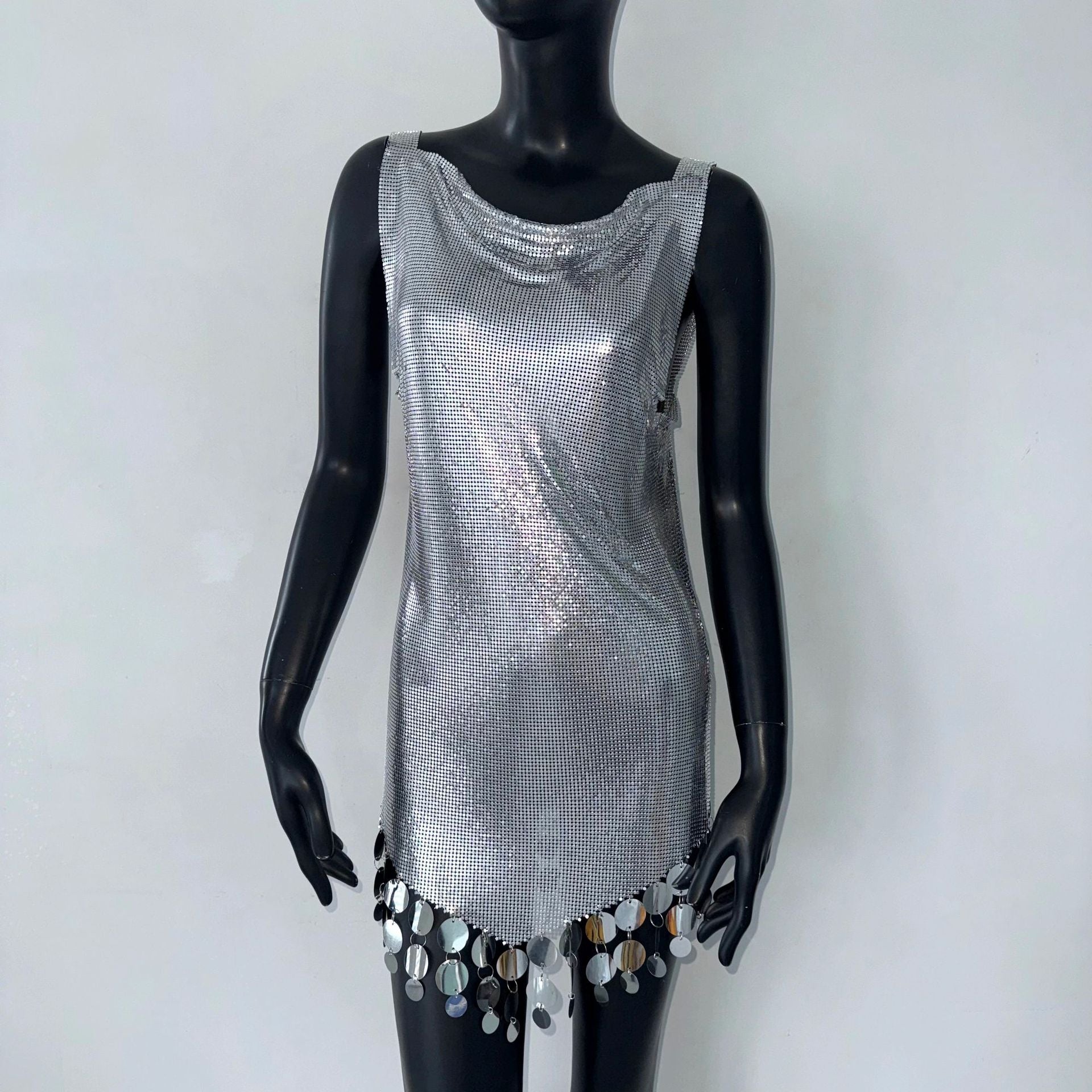 Sexy Sequined Nightclub Stage Costume Metal Stitching Vest Dress Music Festival Sexy Dress Silver